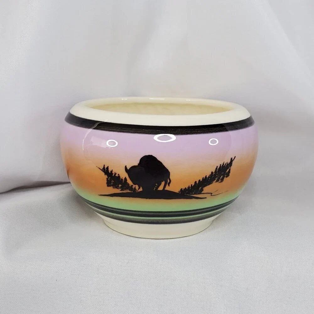 Native American Pottery Bowl Sunset Buffalo By Swift Eagle 4x3